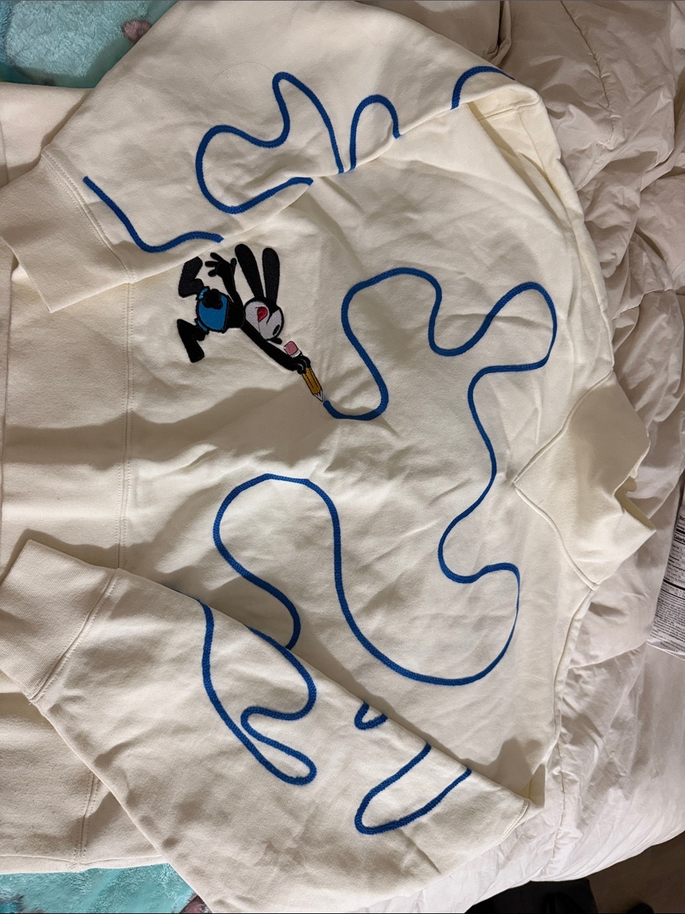 Disney Cream Crewneck Sweater with Blue Graphic and Character